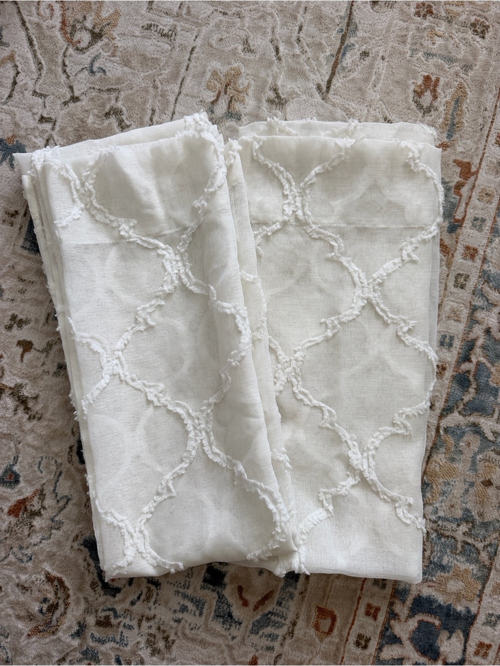 Two panels 84” Sheer Embroidered Trellis Curtain Panel - White